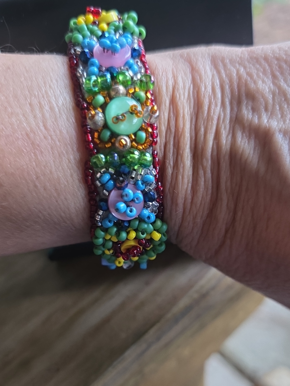 Handmade Colorful Beaded Bracelet Adult Adjustable Multicolor Boho Upcycle Cuff - Picture 2 of 5